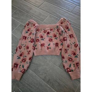 Women's Willow & Wind Scalloped‎ Neck Puff Sleeve Sweater Pink Floral Size Small